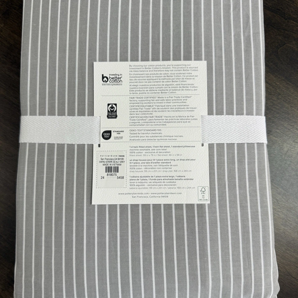 JUEGO DE SÁBANAS A RAYAS OXFORD ADOLESCENTE GRANERO CERÁMICA, DOBLE / LX ~ GRIS / BLANCO Foto 2 de 4
