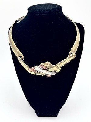 Vintage Mixed Metal Brutalist Collar Necklace Artisan Made Brass Copper Unsigned