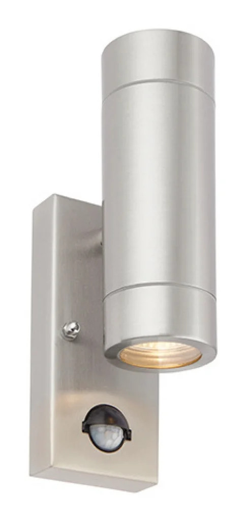 Outdoor Light Silver Palin Double Spot IP44 Brushed Stainless Steel PIR Motion
