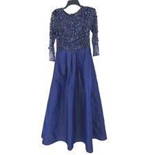 Pisarro Nights Navy Blue Floral Beaded Mesh Sleeve Formal Gown Dress 4