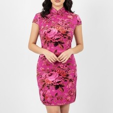 Velvet Whimsigoth Dress Asian Mandarin Rockabilly High Neck Pin Up Pink Small