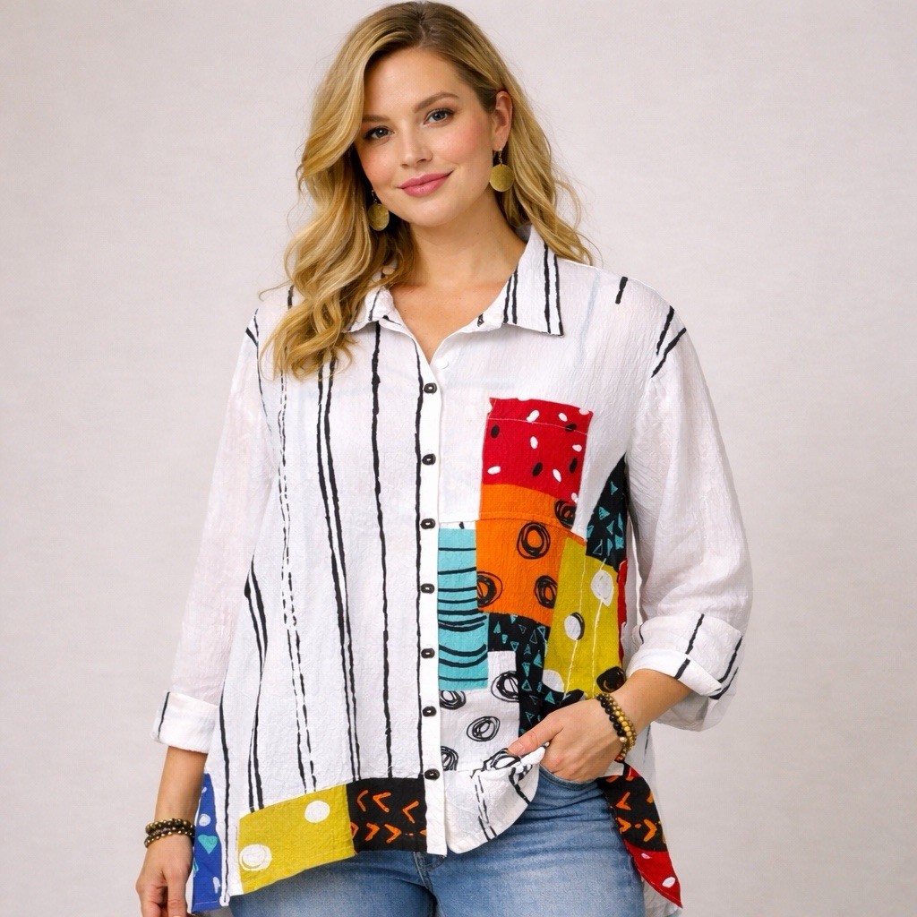 Ali Miles 2X Abstract Patchwork Crinkle Blouse Ar… - image 1