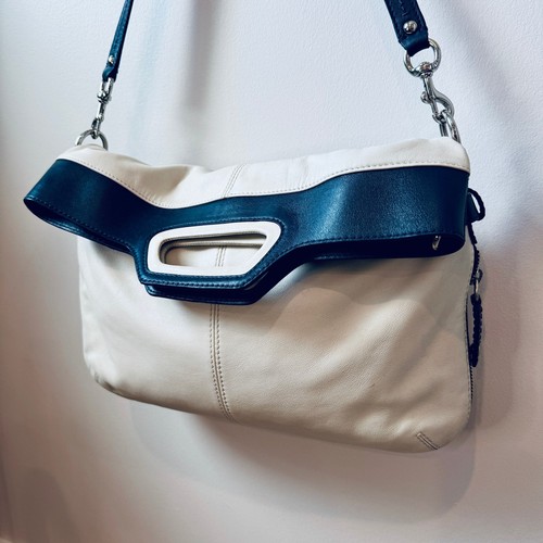 Vintage Coach Bonnie Foldover Expandable Leather Shoulder Bag Ivory/Navy 13380 - Picture 2 of 18