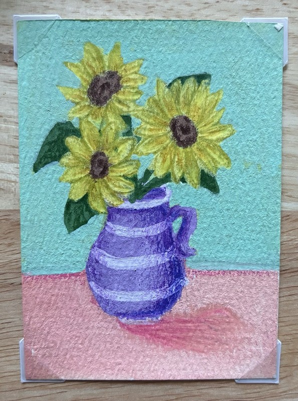 ACEO Original Art Sunflower Flower In Vase Painting 2.5x3.5