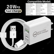  PD 20W USB-C Power Adapter Fast Charger Cbable For iPhone 11 12 13 14 Pro XR 8