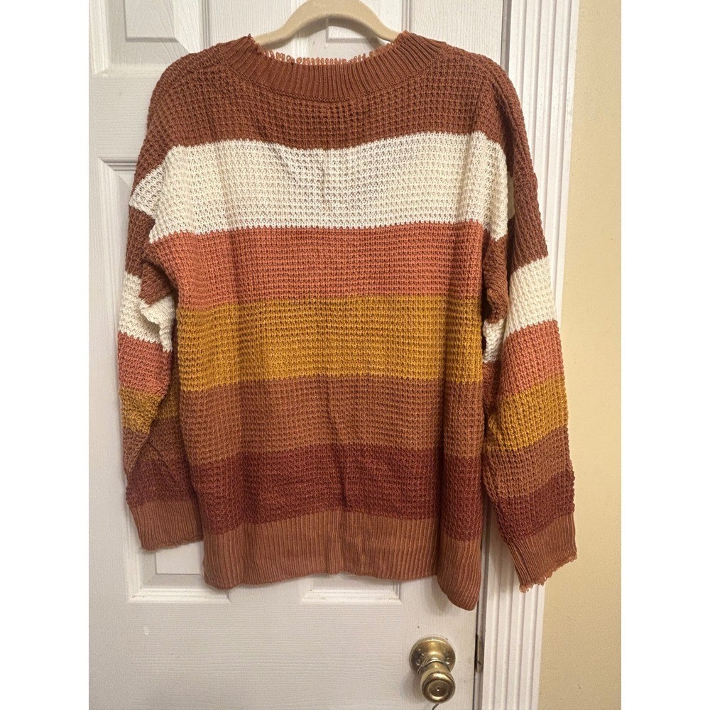 Umgee Womens Striped Waffle Knit V-Neck Sweater Rust Brown Boho Sm ...