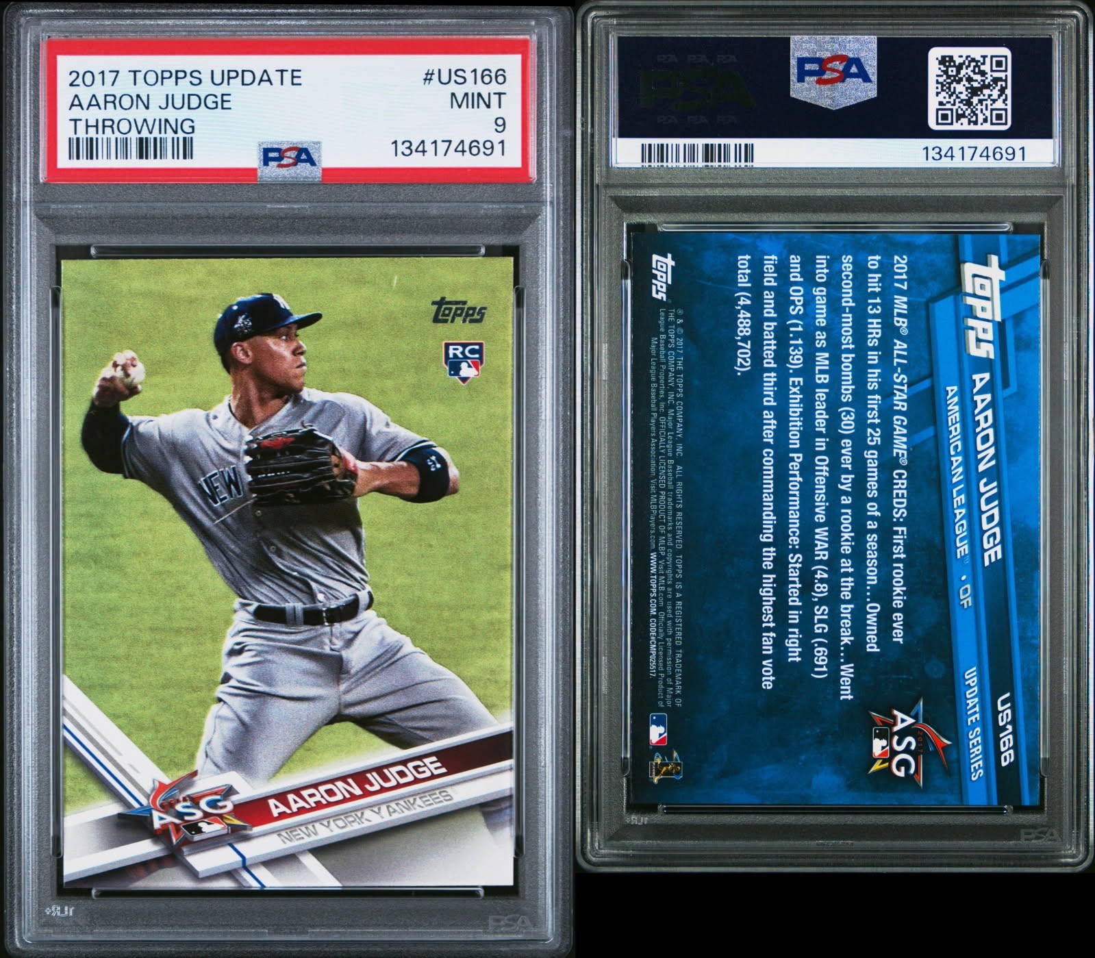 2017 Topps Update Aaron Judge (Throwing) #US166 PSA 9 MINT Rookie RC Yankees view 3