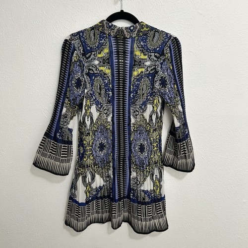 Alfani Paisley Geo Button Front Tunic Blouse Pleated Chiffon Blue White Size 12 - Picture 6 of 12