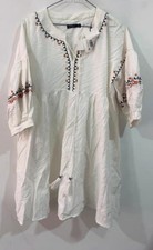 Women's Boho Embroidered Peasant Dress White Tassel Tie V-Neck Size S