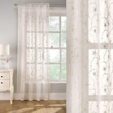 Luxury Glittering Sparkle Sequin Flowers Ivory Cream Slot Top Voile Curtai Panel