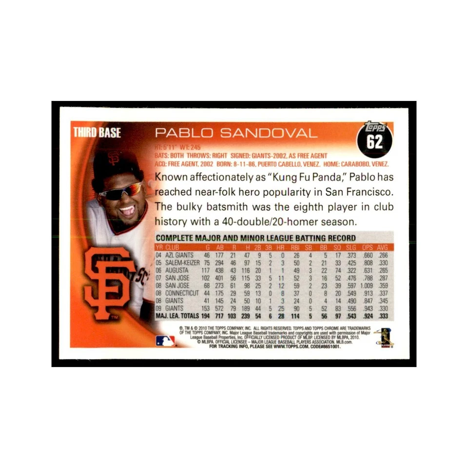 Pablo Sandoval 2010 Topps Chrome #62 Baseball Cards Baseball Card NM - Image 2 of 3
