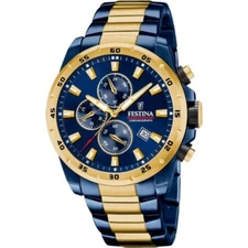 Festina Chrono Sport F205641 Mens Blue Gold Analog Dial Chronograph Watch 45 mm