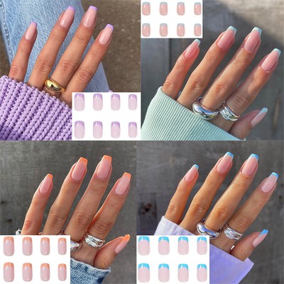 False Fake Nails Medium Coffin French Nail Art Gel Acrylic New Press On Nails | eBay
