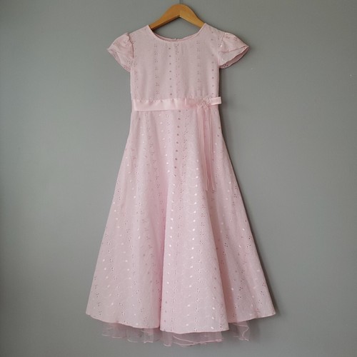 Bonnie Jean Pink White Check Ribbon Beaded Bow Tulle Lined Midi Dress Girls 8