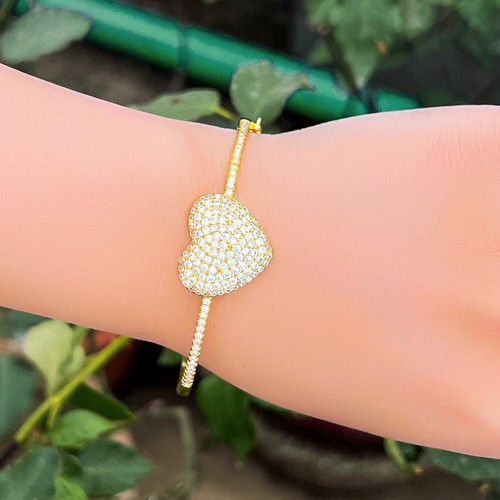Bling Bling Gold Plated Heart Bangle Cubic Zirconia Women Bride Wedding Bracelet - Picture 2 of 17