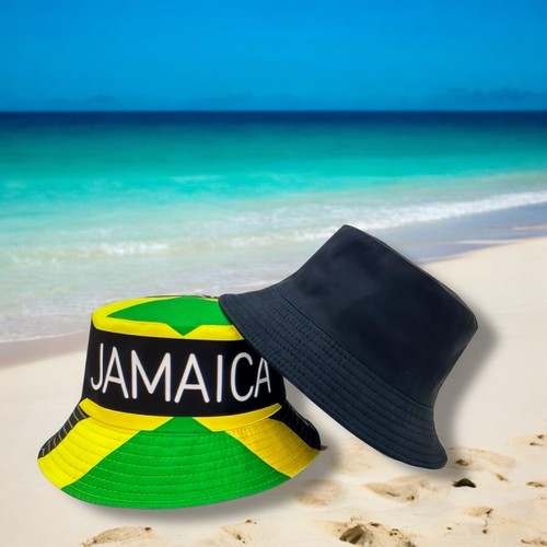 Unisex Reversible Jamaica Bucket Hat- Bold Flag or Splash Print, Black Flip Side - Picture 3 of 5