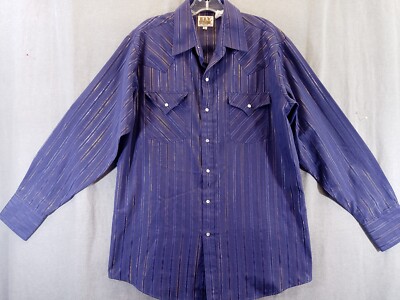 Ely Cattleman shirt Men large Blue stripe Western rodeo Pearl Snap cowboy
