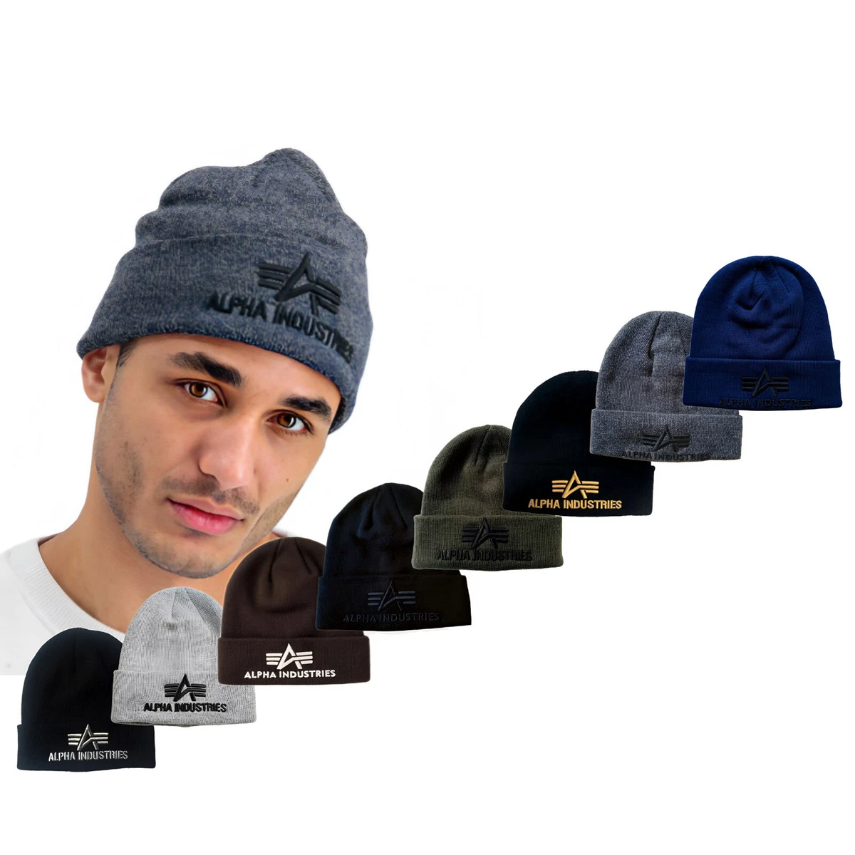 Alpha Industries Mens Winter Hat Embroidery 3D Beanie Black Grey
