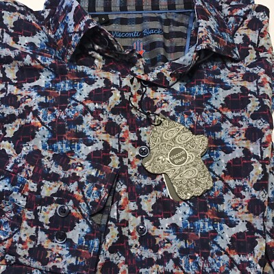 Visconti Black Blue Geometric Button L/S Cotton Blend Shirt Small MSRP $125
