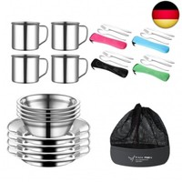 Tan Ren Campingbesteck Set 4 Personen, 24 Teiliges Camping Geschirr Set