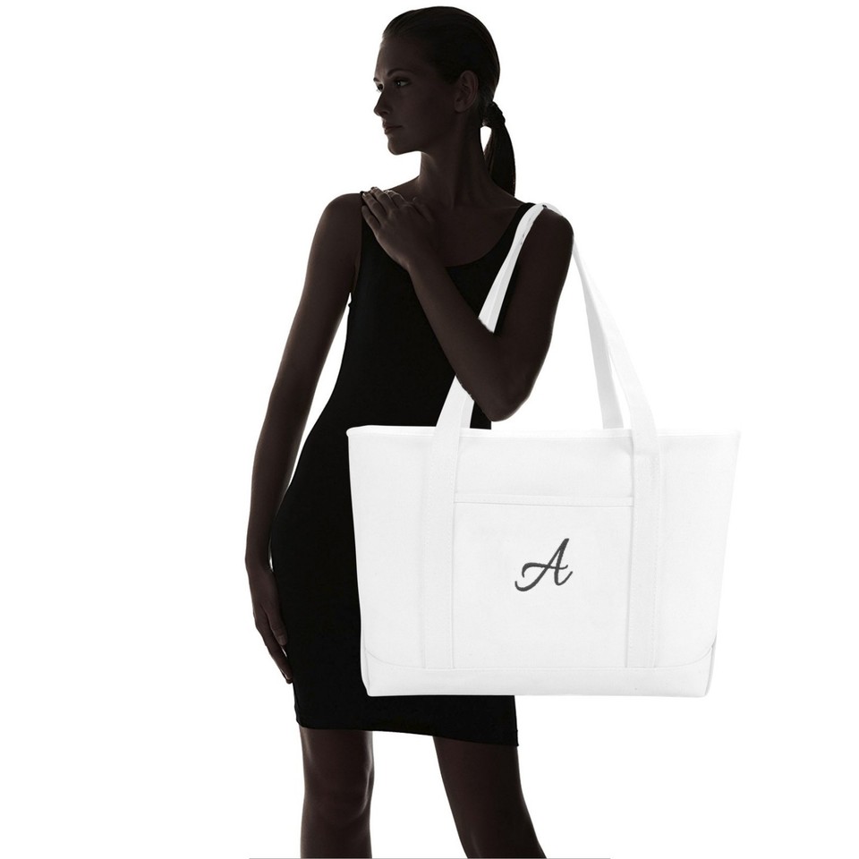 DALIX Large Canvas Tote Bag - Monogrammed White, 24 Oz. Cotton, Zippered Top With Front Pocket