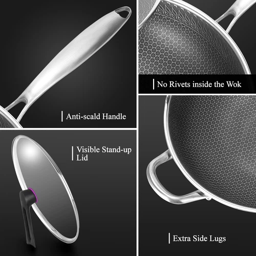 13-INCH LARGE WOK STAINLESS STEEL NONSTICK FRYING PAN W/ LID BRUSH FOR INDUCTION - Picture 12 of 13