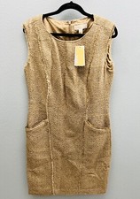 Michael Kors Sequin Tweed Boucle Gold Sleeveless Shift Dress Size 12 NWT $195