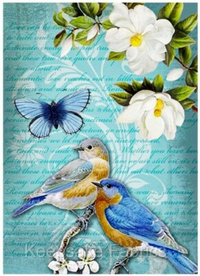 Bluebirds Floral Collage Cotton Crazy Quilt Block Multi Szs (B11