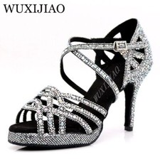 Silver Black Latin Dance Shoes Ladies Salsa Rhinestone Shoes Ballroom Heel Shoes