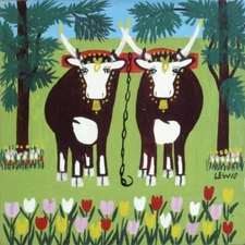 Oxen in Harness Art Print Maud Lewis Canadian Folk Art Naïve Animal Farm Scene