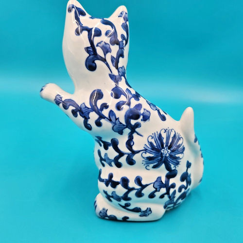 Porcelain Chinese blue white lucky Kitty cat figurine Vintage Decoration 8” - Picture 3 of 6