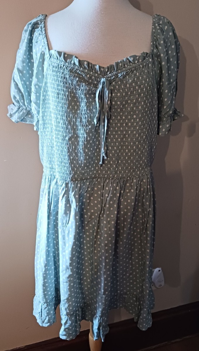 AUW Fit & Flare Mini Dress Mint Green Polka Dot Short Sleeve