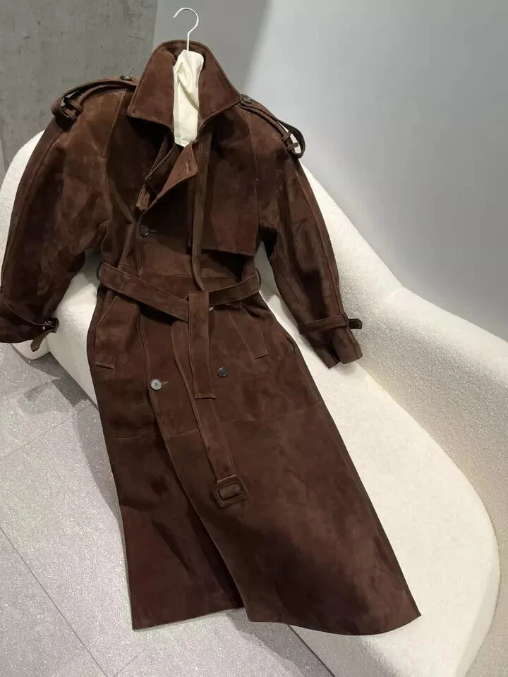 女式正品真皮麂皮绒长风衣棕色 XS S M L XL 2XL — 第 3/4 张图片