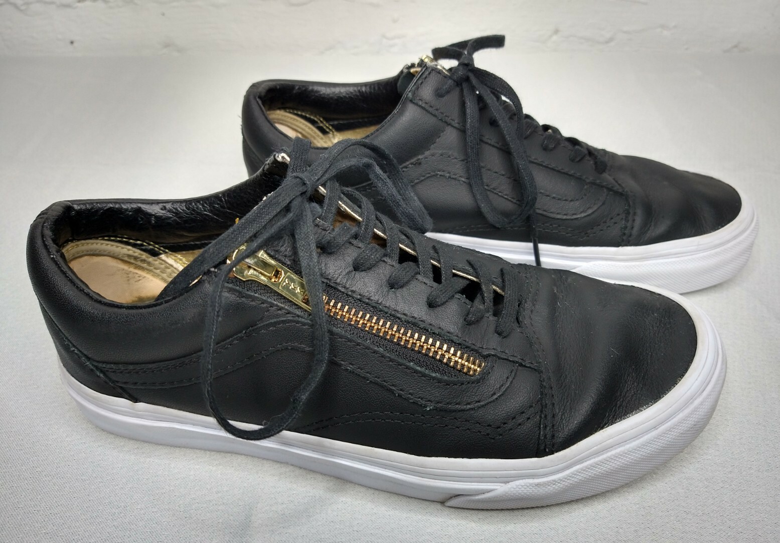black leather vans with gold zipper