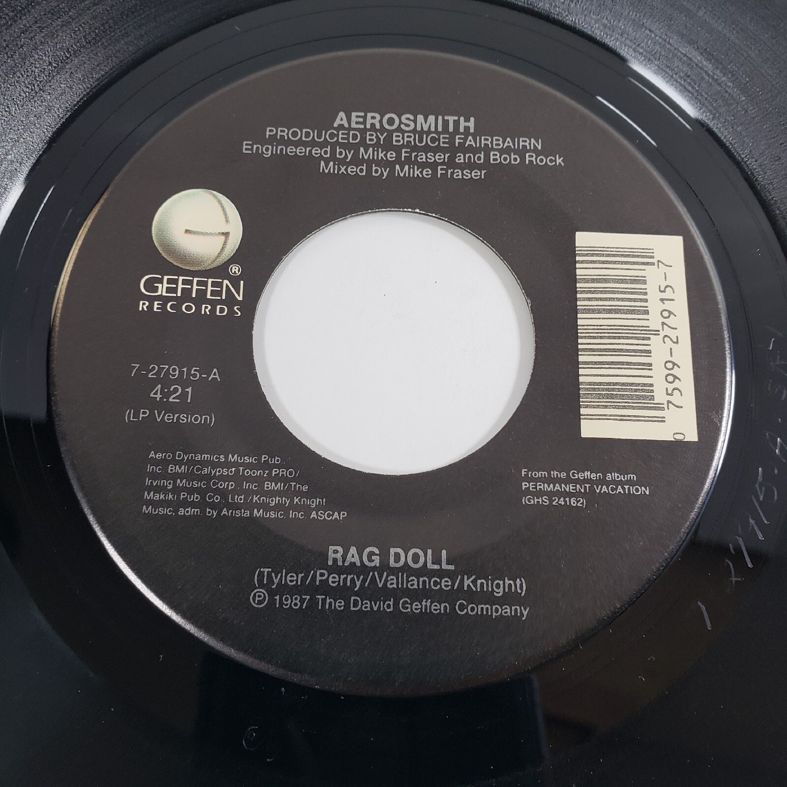 Aerosmith "Rag Doll" 45 Tested Vg+ Geffen Jukebox Picture Sleeve 1987