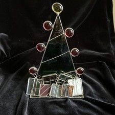 STAINED GLASS Christmas Tree 8" Freestanding TABLETOP With Presents Vintage