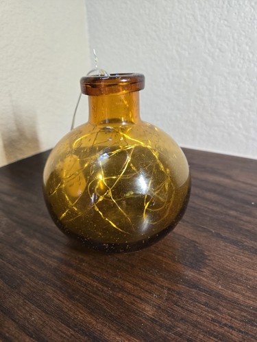 Vintage Amber Glass Ball Bud Vase 5.25" Tall with Lights and Silk Flowers - Picture 1 of 4