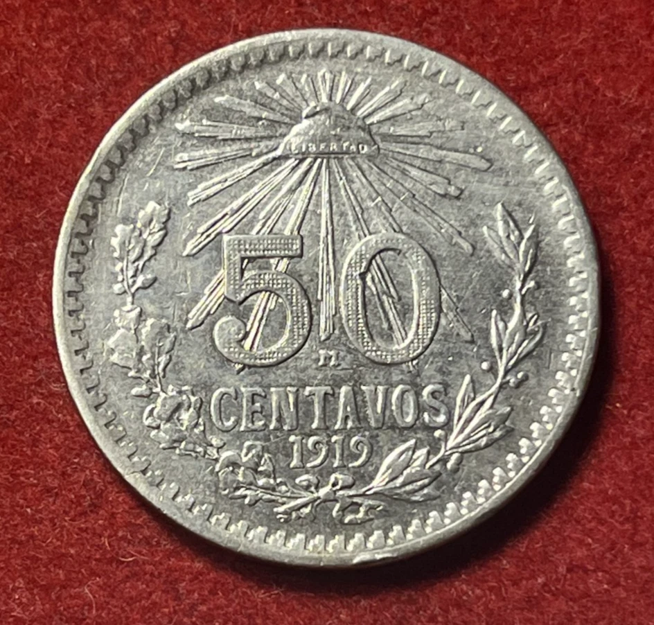 Mexico 50 Centavos 1919 Silver Coin KM#446 T8589 - Image 2 of 2
