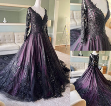 Gothic Ball Wedding Dresses A-Line V-Neck Long Sleeve Applique Bridal Gown Train