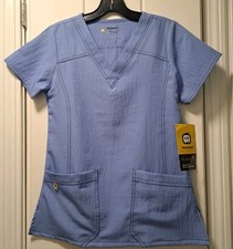 WonderWink Four Stretch Scrub Top Womens Size XS Ceil Blue V Neck Short Sleeve