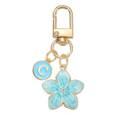 Cute Flower Keychain, Letter-C Initial Keychain Charm for Women, Blue