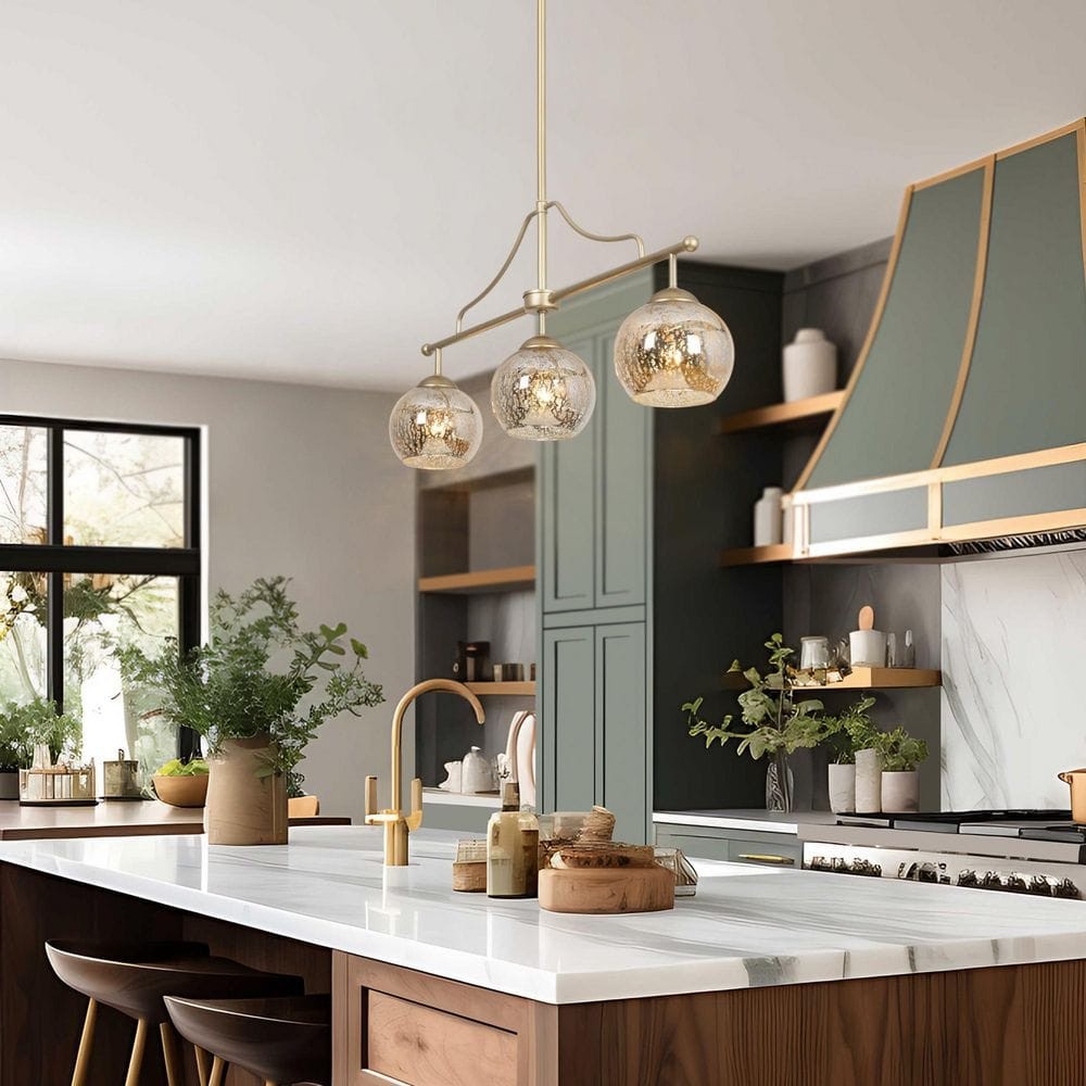 Zevni 3-Light Modern Gold Linear Kitchen Island Chandelier w/ Mercury Glass