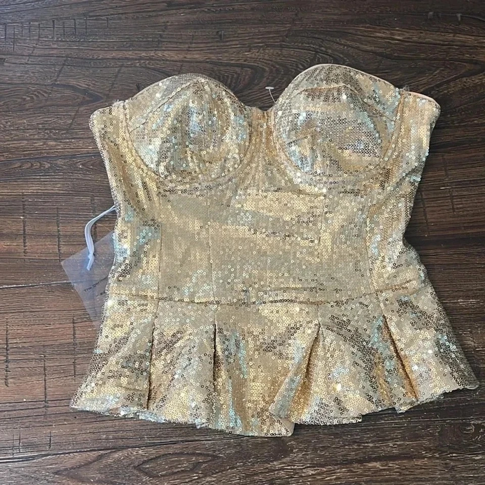 Bebe Uptown блестки пеплум бюстье верхний золотой размер маленький новый с Ярлыками - Изображение 3 из 4