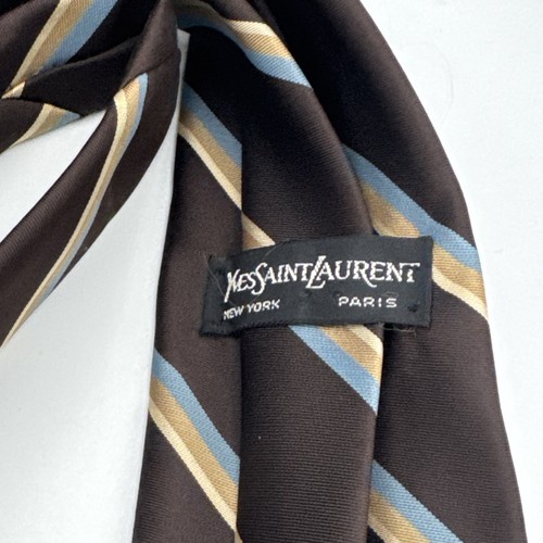 Vintage YVES SAINT LAURENT Brown, Blue, Tan Striped Men’s Tie Necktie Silk Tie - Picture 5 of 7