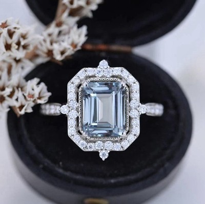 3 Ct Aquamarine Emerald Cut Halo Vintage Style Engagement Ring in 935 Silver