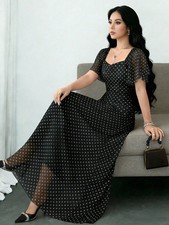 Elegant Polka Dot Pattern Puff Sleeve Maxi Dress