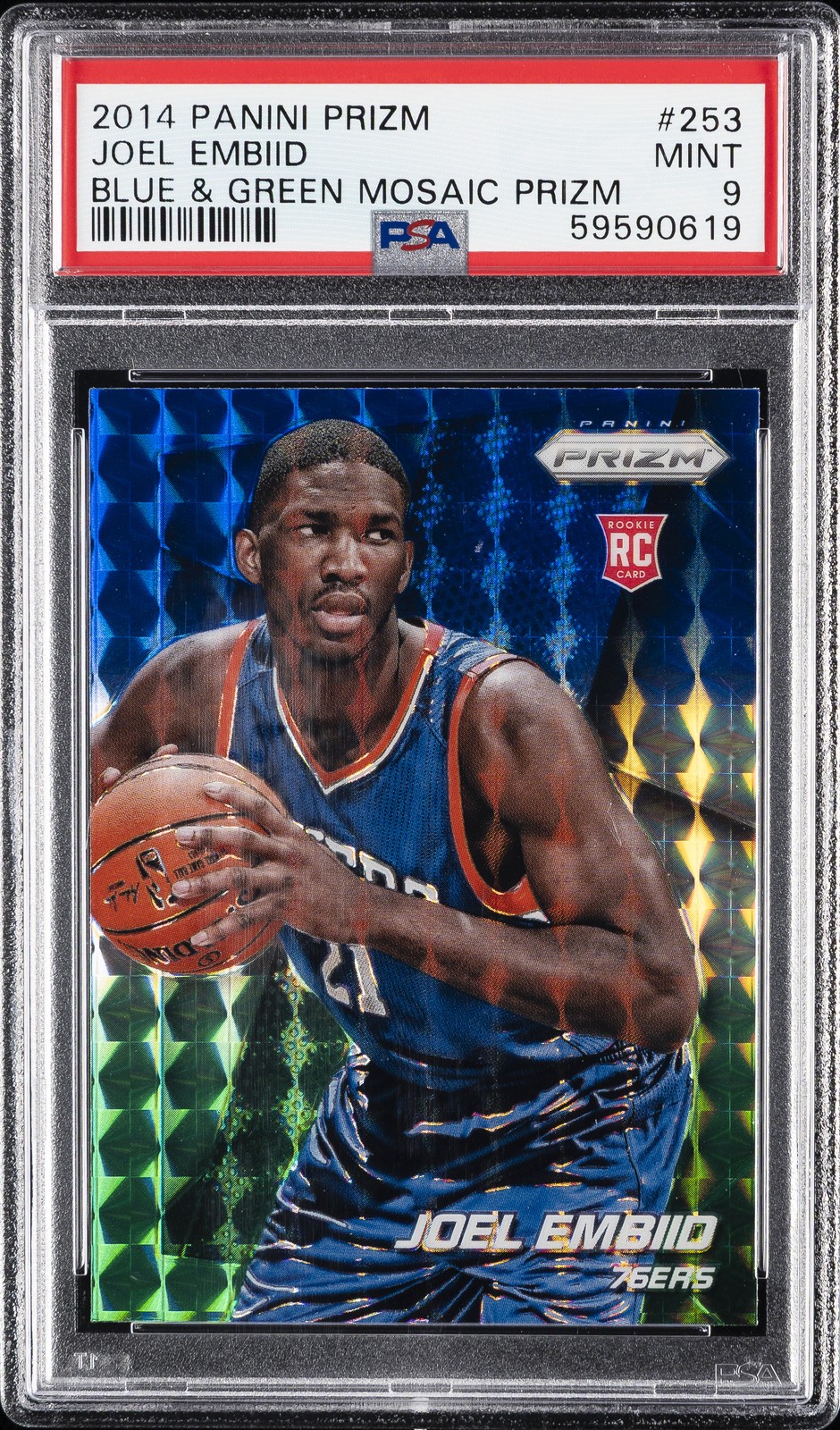 2014 PANINI PRIZM BLUE & GREEN MOSAIC PRIZM #253 JOEL EMBIID ROOKIE RC PSA 9