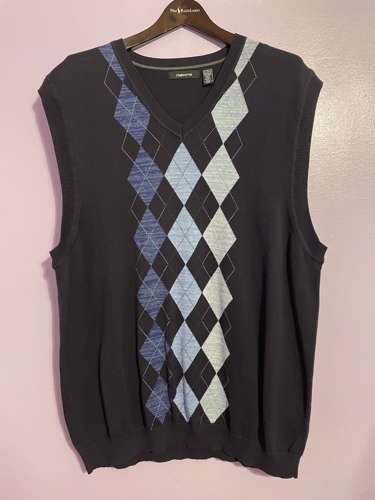 CLAIBORNE MENS SWEATER VEST 2XL BLUE DIAMOND ARGYLE PATTERN V-NECK 100% COTTON