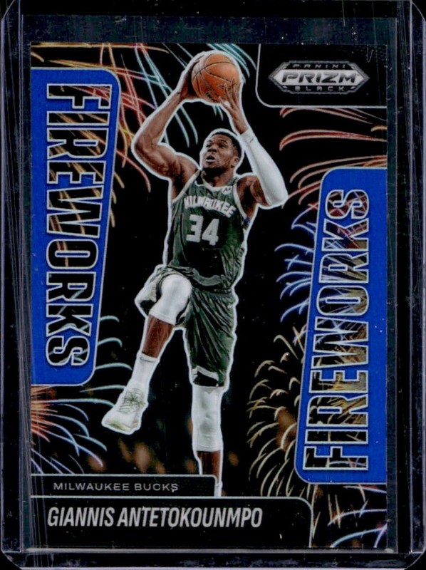 2024-25 Panini Prizm Black Giannis Antetokounmpo Fireworks Blue Prizm #/199