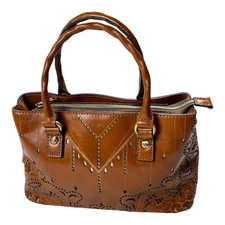Patricia Nash Genuine Leather Laser Cut Tan Brown Satchel Handbag Western Boho